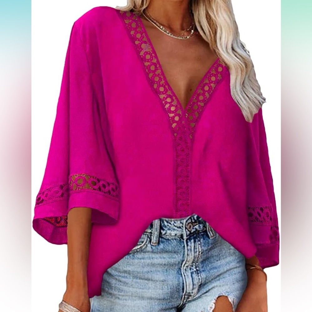 Women's Pink Lace Trim 3/4 bell sleeve top